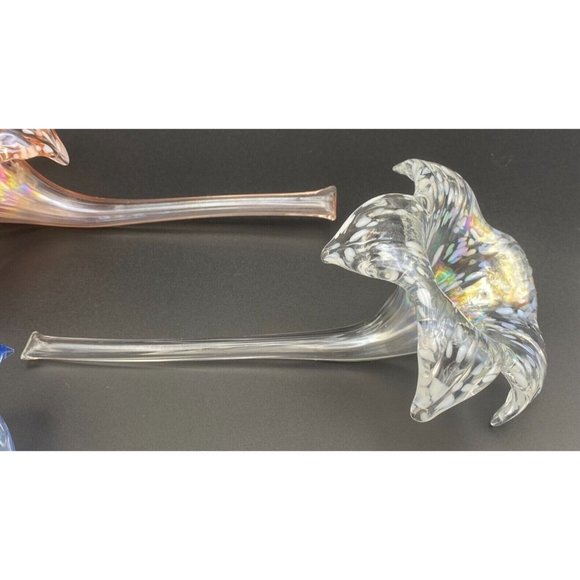 Tiger Lily Flower Vase Art Glass Laying Down 8” Hand Blown Iridescent Set Of 3 - Picture 4 of 8